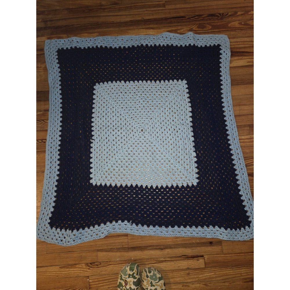 Handmade Crocheted Granny Square Afghan Throw Blanket - Navy And Baby Blue...
